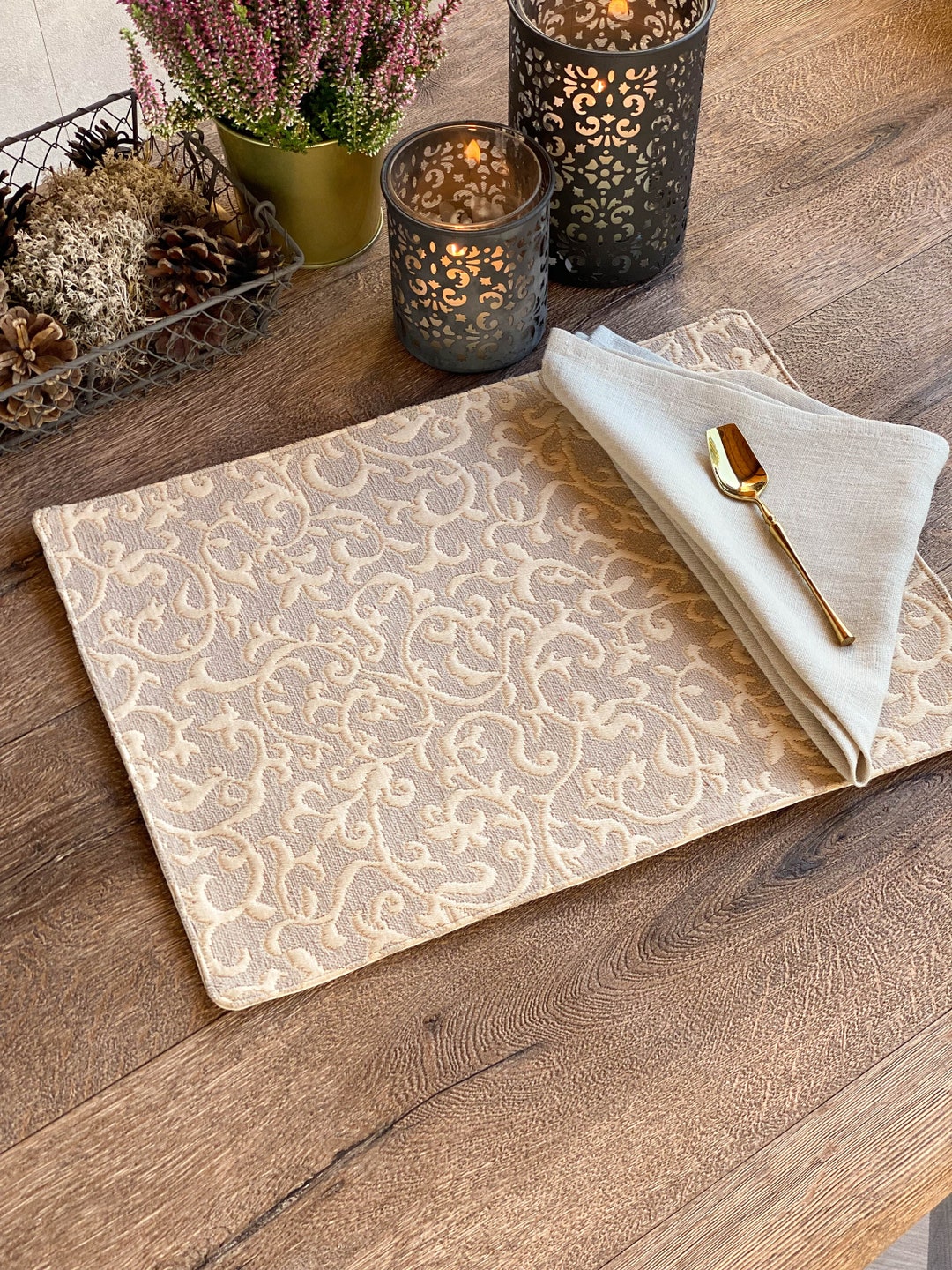 Damask White Gold Patterned PLACEMATS, Washable Chenille Placemat Set