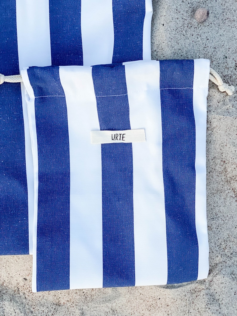 Bolsa de traje de baño de algodón impermeable, bolsa de bikini mojado con cordón a rayas, bolsa de playa personalizada resistente al agua imagen 7