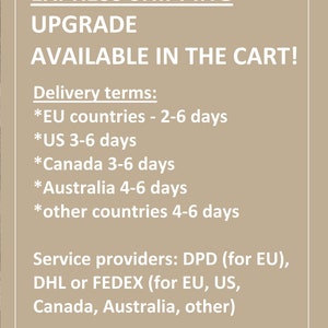 May include: Text on a beige background that reads "EXPRESS SHIPPING UPGRADE AVAILABLE IN THE CART!"  Delivery terms: *EU countries - 2-6 days *US 3-6 days *Canada 3-6 days *Australia 4-6 days *other countries 4-6 days Service providers: DPD (for EU), DHL or FEDEX (for EU, US, Canada, Australia, other)