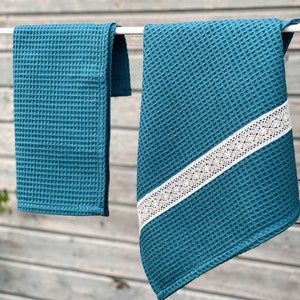 Teal Blue Waffle Cotton Bath Towel with Linen Lace, Soft Organic Waffle Cotton Hand Towel for Guest Bathroom, Easy Absorbent XL Bath Sheet