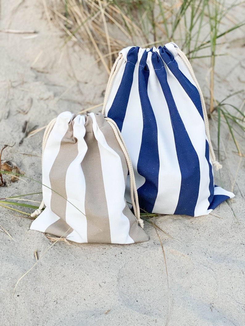Bolsa de traje de baño de algodón impermeable, bolsa de bikini mojado con cordón a rayas, bolsa de playa personalizada resistente al agua imagen 2