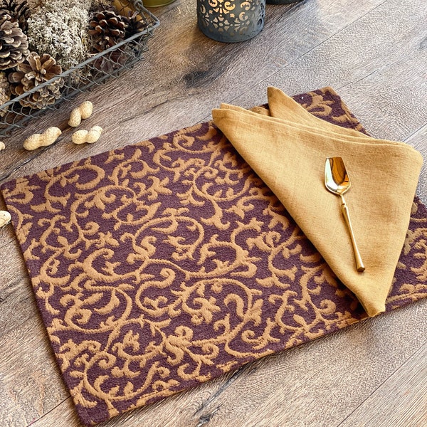 Elegant Brown soft tapestry PLACEMAT, Washable Fabric Placemat Set, Brown and Gold Rustic table setting