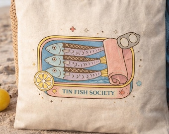 Sardine Tote Bag, Tin Fish Society Coastal Market Carryall, Mediterranean Beach Grocery Bag