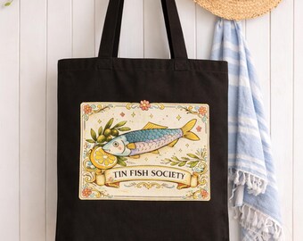 Tin Fish Society Tote, Sardine Market Bag, Mediterranean Coastal Beach Shopper, Seafood Lover Gift