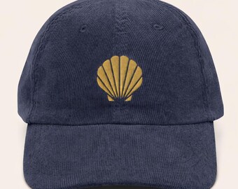 Coastal Shell Hat, Personalized Vintage Seashell Corduroy Cap, Beach Lover Embroidered Hat Gift