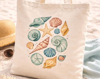Seashell Beach Tote, Coastal Summer Market Bag, Mediterranean Shell Canvas Carryall, Ocean Lover Gift