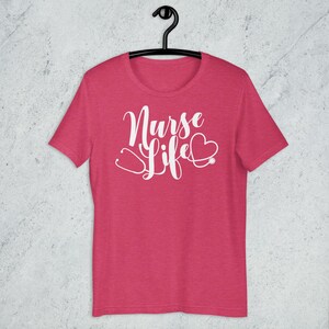 Coral Nurse Life shirt with white script stethoscope heart design nursing student gift RN LPN tee