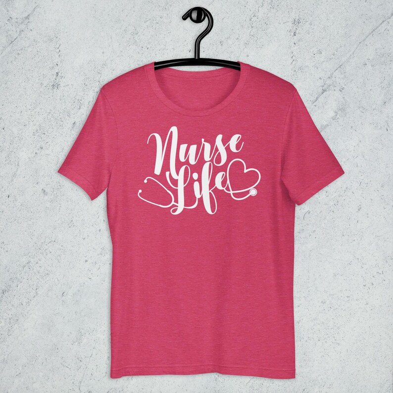 Coral Nurse Life shirt with white script stethoscope heart design nursing student gift RN LPN tee