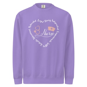 Purple nurse sweatshirt crewneck, nursing student gift and RN graduation apparel