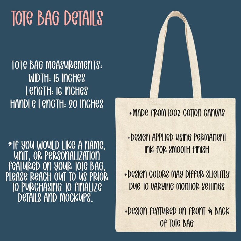May include: Cream-colored tote bag with text details. The bag is made from 100% cotton canvas. Measurements: 15 inches wide, 16 inches long, and a 20-inch handle. Design applied with permanent ink. Design featured on front and back.