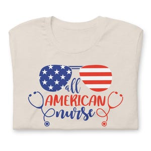 All American Nurse shirt beige patriotic nurse tee 4th of July RN shirt soft neutral tone