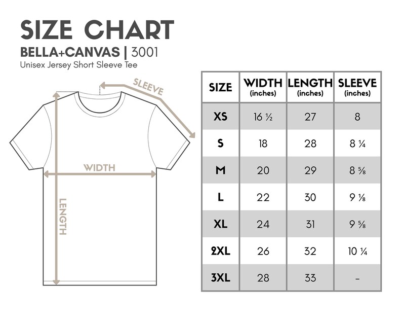 May include: Size chart for Bella + Canvas 3001 unisex jersey short sleeve tee. The chart shows measurements in inches for width, length, and sleeve length for sizes XS to 3XL.