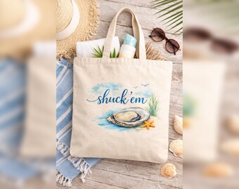 Shuck Em Oyster Tote, Coastal Beach Market Bag, Oyster Lover Gift, Nautical Seafood Accessory