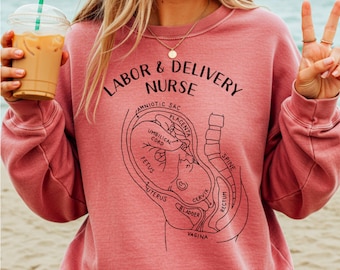 Labor and Delivery Nurse Crewneck Sweatshirt, L&D RN Sweater, Anatomical Baby in Uterus Jacket