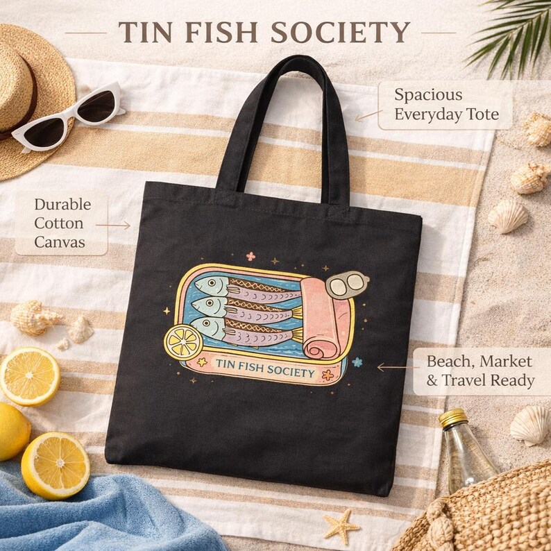 Sardine tote bag infographic showing durable cotton canvas and spacious coastal market bag design