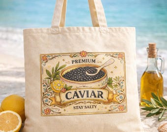 Mediterranean Caviar Tote, Coastal Market Bag, Beach Grocery Carryall, Stay Salty Gift