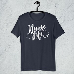 Navy blue Nurse Life shirt with white script design stethoscope heart RN nurse gift healthcare apparel