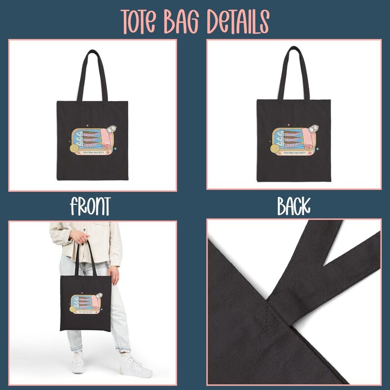 May include: Black tote bag featuring a colorful sardine can graphic with the text "FISH SOCIETY". The bag has two black handles and is made of a durable fabric. The image shows the front and back of the bag.