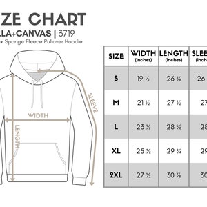 May include: Size chart for a unisex sponge fleece pullover hoodie. The chart shows the width, length, and sleeve length in inches for sizes S, M, L, XL, and 2XL.