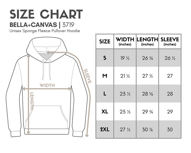 May include: Size chart for a unisex sponge fleece pullover hoodie. The chart shows the width, length, and sleeve length in inches for sizes S, M, L, XL, and 2XL.