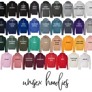 May include: A variety of hooded sweatshirts in different colors, including black, navy, teal, maroon, red, white, and grey. The sweatshirts are arranged in rows and columns, with the color name printed on each sweatshirt.