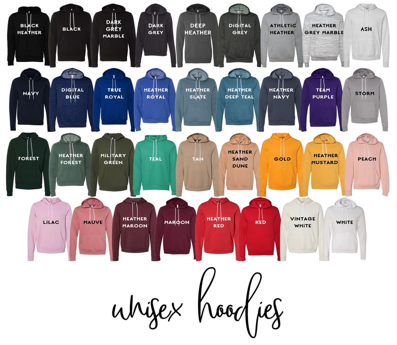 May include: A variety of hooded sweatshirts in different colors, including black, navy, teal, maroon, red, white, and grey. The sweatshirts are arranged in rows and columns, with the color name printed on each sweatshirt.