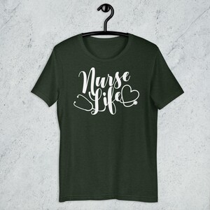 Dark green Nurse Life shirt with white script design stethoscope heart nurse gift healthcare worker tee