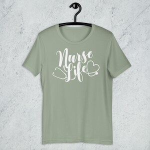 Sage green Nurse Life shirt with white script design stethoscope heart aesthetic nurse gift