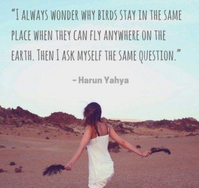 May include: A woman with long brown hair walks away from the camera in a desert landscape. The quote "I ALWAYS WONDER WHY BIRDS STAY IN THE SAME PLACE WHEN THEY CAN FLY ANYWHERE ON THE EARTH. THEN I ASK MYSELF THE SAME QUESTION." by Harun Yahya is displayed at the top of the image.
