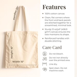 May include: Cream-colored tote bag with dimensions of 16" height, 15" width, and 20" handles. Features include 100% cotton canvas, reinforced handles, and a streamlined design. Care instructions: do not bleach, iron, or machine wash.