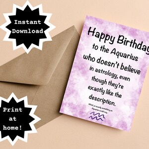 TÉLÉCHARGEMENT INSTANTANÉ! Imprimez chez vous ! Aquarius Astrology Funny Sassy Birthday Carte de vœux