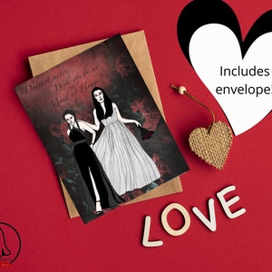Cartão de proposta de casamento da irmã Morticia e dama de honra do horror gótico de Wednesday Addams
