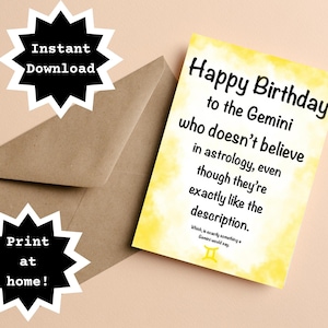 TÉLÉCHARGEMENT INSTANTANÉ! Imprimez chez vous ! Gemini Astrology Funny Sassy Birthday Carte de vœux