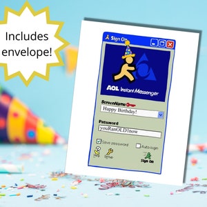 Tarjeta de cumpleaños divertida y personalizable con nostalgia de AOL AIM