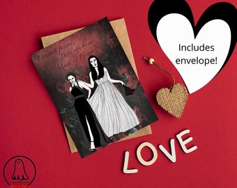 Gothic Horror Maid of Honor Friend Morticia & Wednesday Addams Wedding Proposal Card