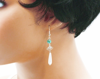 Earrings drops of mother-of-pearl and fans, turquoise blue magic pearl, fan print and mother-of-pearl drop