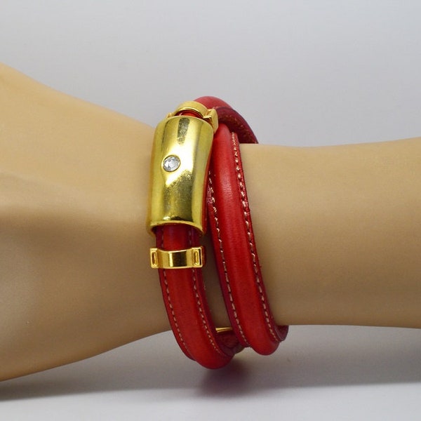 Bracelet cuir, bracelet lacet de cuir couture, bracelet en cuir rouge, fermoir métal doré