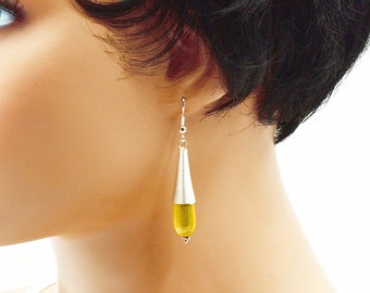 Silver drip hanging earring pale yellow drop