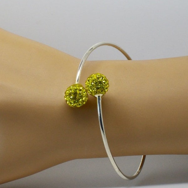 Bracelet jonc argenté perles strass jaune soleil, jaune tournesol