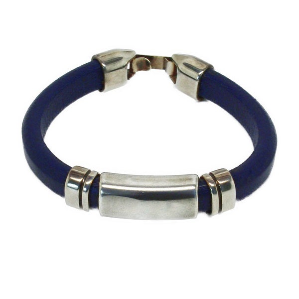 bracelet cuir, Bracelet en cuir bleu marine mixte et perles argentés