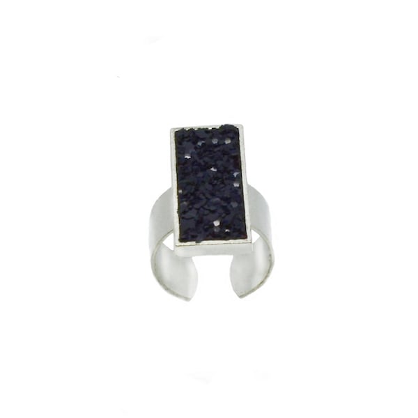 Bague rectangle, bague cuir, bague noire, bague réglable argenté, bague tendance