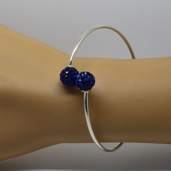 Bracelet jonc argenté perles strassées bleu montana, bleu foncé