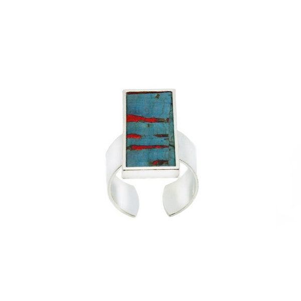 Bague rectangle, bague cuir de liege, bague verte et rouille, bague réglable argenté, bague tendance