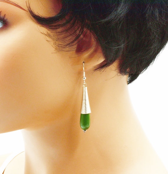 Green Drop Earrings Spiral Metal Earrings Water Drop - Etsy