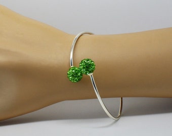 Peridot green, Apple green rhinestone beads silver Bangle Bracelet