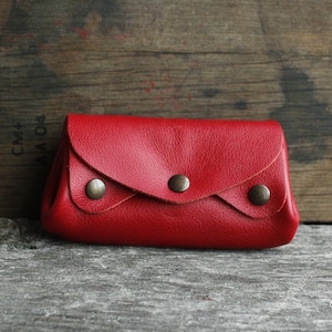 Porte monnaie cuir rouge, porte carte en accordéon, 5 poches