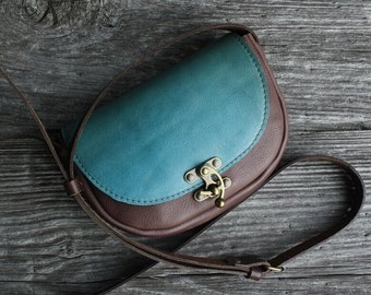 Brown and turquoise leather messenger bag