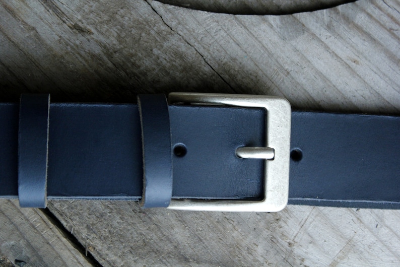 Navy blue leather belt, buckle of your choice, 4 cm Argent vieilli