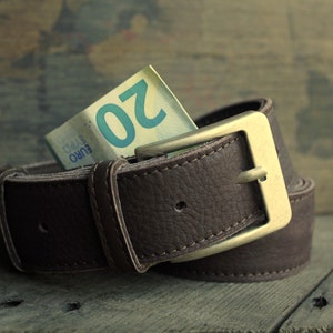 Ceinture de voyage porte billet en cuir, ceinture à cachette avec fermeture éclair marron+ vieil argent