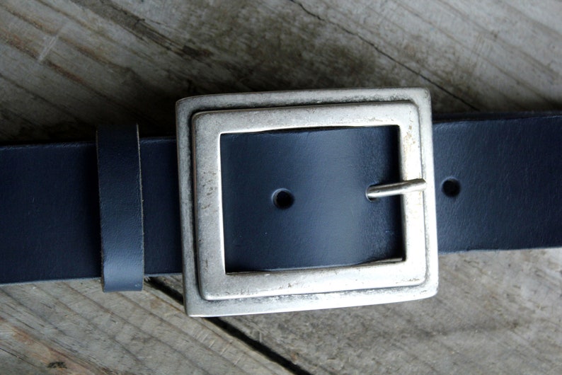 Navy blue leather belt, buckle of your choice, 4 cm double vieillie